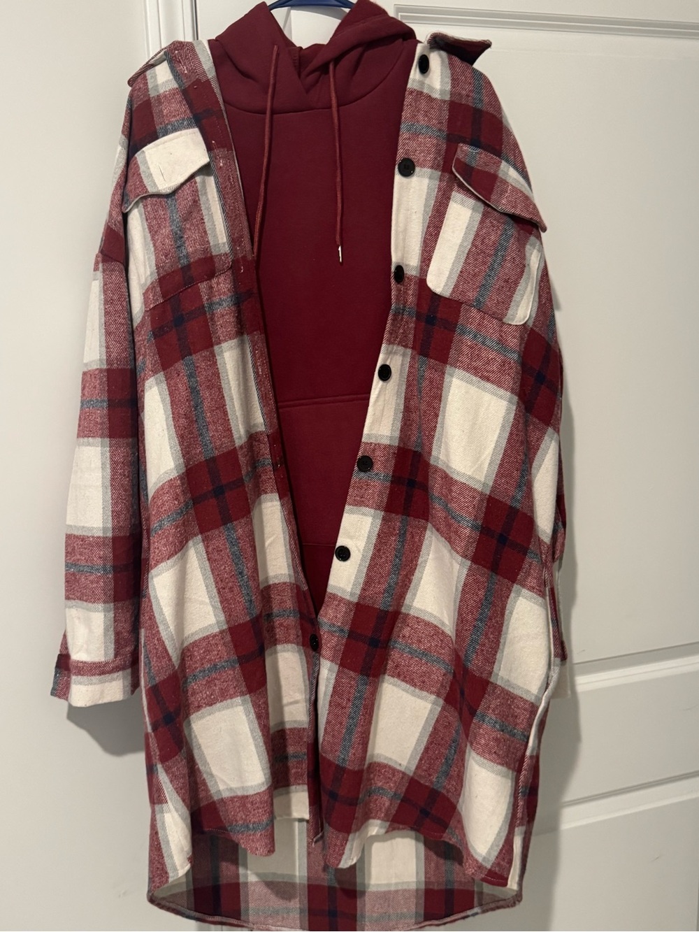 Burgundy Plaid Shacket with Burgundy Hoodie Dress
